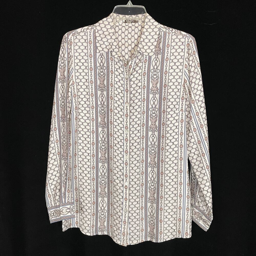 J. McLaughlin Silk Button Down Shirt Gray White Royal Scroll Chain‎ Link Print M
